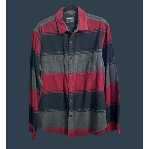 Express Mens Flannel Shirt XL Red/Gray/Black Stripe Button-Down Casual Long Slee